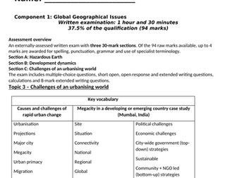 Edexcel GCSE Geography 9-1 Topic 3 Challenges of an urbanising world independent work booklet