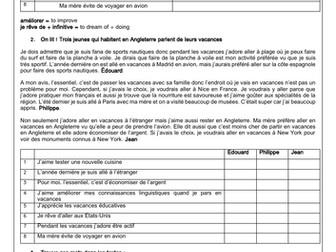 French GCSE Les vacances: Holidays present & past reading comprehension & translation