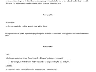 Poetry Essay Plan & PEAL Paragraphs for Beginners - Bush Fire by Jackie Kay