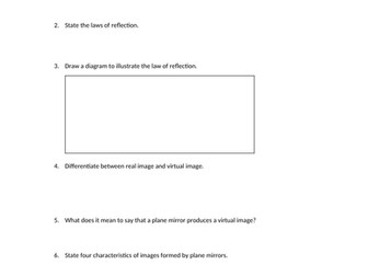 REFLECTING LIGHT WORKSHEET FOR IGCSE STUDENTS