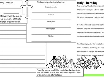 Holy Thursday Poetry Worksheet OCR/AQA/EDEXCEL
