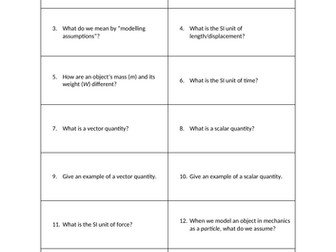 Year 12 Mechanics Knowledge Quiz/Revision Cards