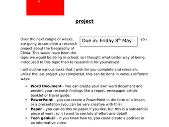Home Learning - Geography of China Y7