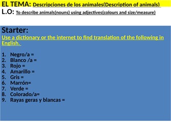 Describiendo los animales( nouns (nombre de animales) and adjectives(color, tamaño, caracteres))