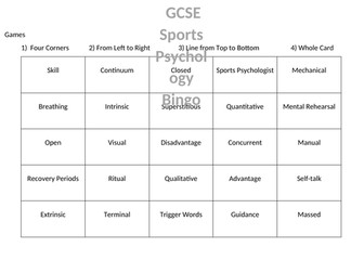 Sports Psychology Bingo