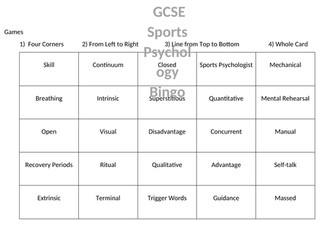 Sports Psychology Bingo