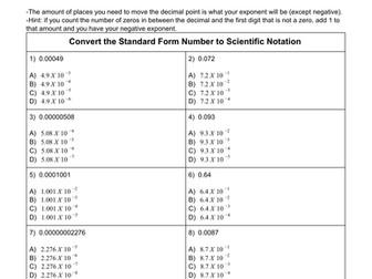 Scientific Notation Negative Exponents - Standard Form to SN (With Answers)