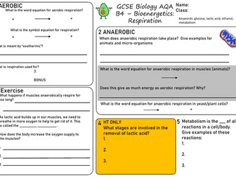 Respiration AQA GCSE Worksheet - Biology Revision/Remote Learning