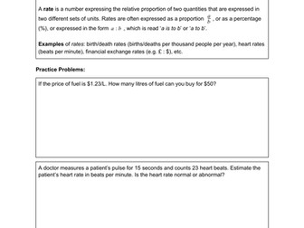 Rates and Ratios Worksheet with Problems and Solutions (.pdf)
