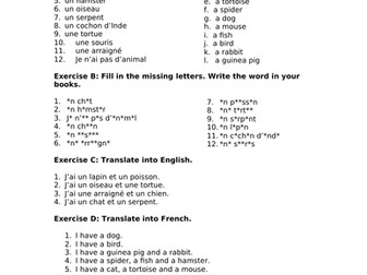 French Pets (worksheet and wordsearch)