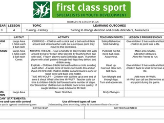 KS2 PE Plans - Year 3 - Hockey x 4 Plans (Dribbling, Passing, Stopping, Turning)