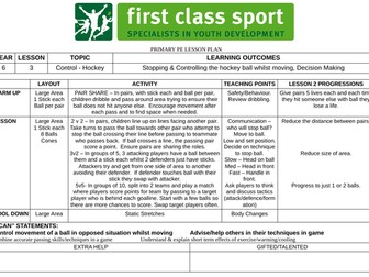 KS2 PE Plans - Year 6 - Hockey x 3 Plans (Dribbling, Passing, Stopping)