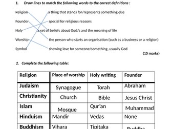 Baseline Test for year 7 Religious Studies - Tests RS knowledge & literacy, peer assessed