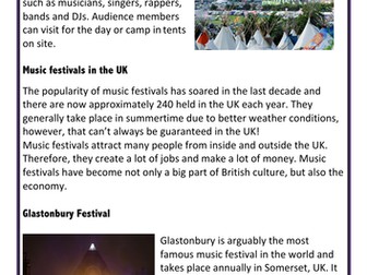 Ks3 Music Festivals worksheet remote learning