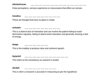 Schizophrenia unscramble worksheet