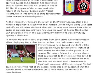 Football is back after coronavirus pandemic. Comprehension for KS2 & KS3