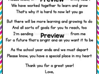 End of the Year Letter from Teacher to Student