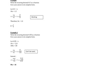 Recurring fraction - IGCSE year 10 & year 11 Maths