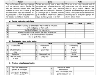 Spanish GCSE Las vacaciones: Holiday Preferences Worksheet (Vocabulary, Reading, Translation)
