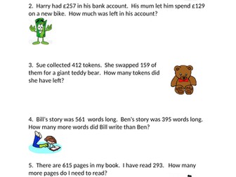 3 digit subtraction word problems.