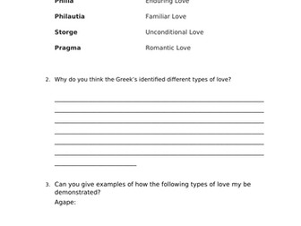 Different Types of Love Worksheet