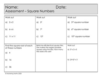 Quick Mastery Assessment - Square Numbers