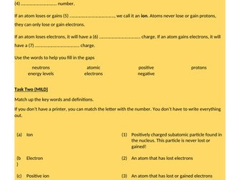 Differentiated atoms and ions worksheet - used during lock down