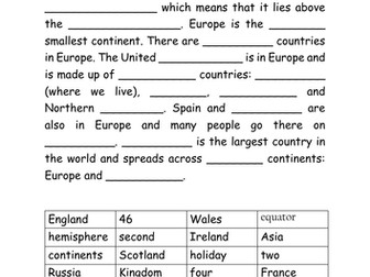 Europe Cloze Procedure for KS2