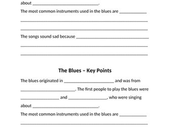 Blues Music Key Points worksheet
