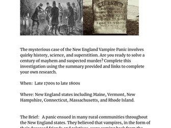 New England Vampire Panic Investigation Sheet and Summarizing Sheet