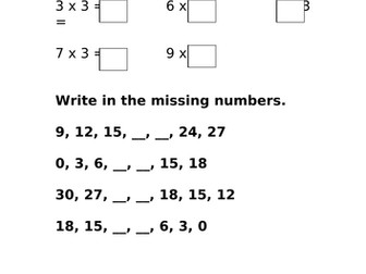 Times table work sheet  3s, 4s, 5s and 10s