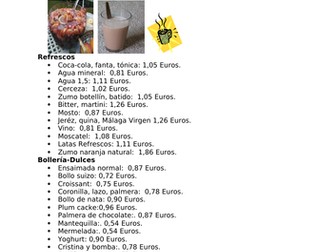 Spanish Menu with prices