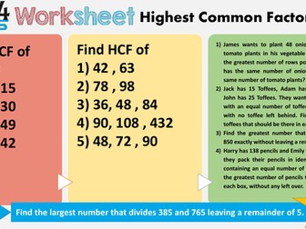 Differentiated worksheet for Highest Common Factor (HCF)