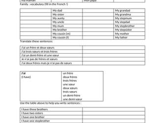 French beginner worksheet on family