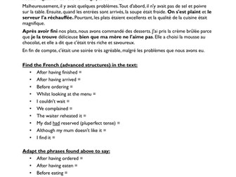 Au restaurant - Vocabulary and Grade 9 sentences