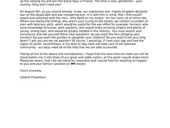 Letter convincing men to joing up in WW1 - model text
