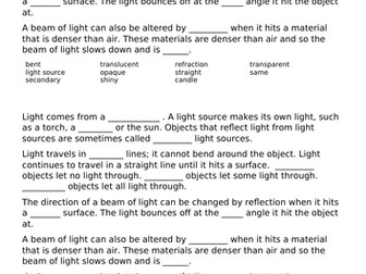 Light Travels in Straight Lines Cloze