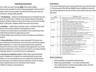 Earth Story topic three different Assessment tasks