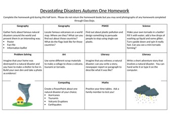 Natural Disasters Year 6 Homework Grid