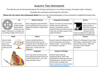 Year 6 Anglo Saxon/Viking Homework Grid