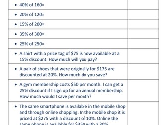 Maths - Percentages Practice/Assessment