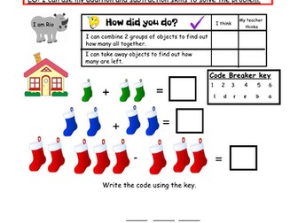 Christmas addition and subtraction problem solving code breaker nursery, reception and y1 level