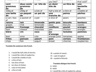 French food shopping and quantities worksheet