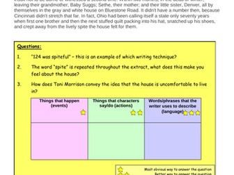 Beloved Toni Morrison extract and worksheets (differentiated)