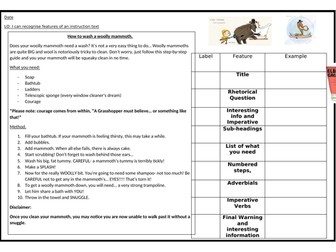 Recognise features of an instruction text: How to Wash a Woolly mammoth (2 example texts)
