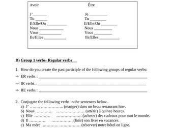 Le passé composé revision worksheet- Avoir + être verbs/ fill in the blanks + conjugation exercises