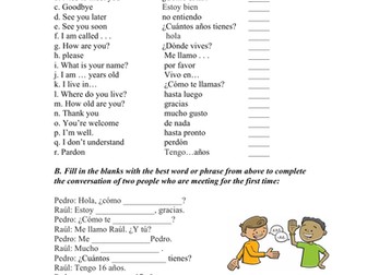 Spanish Greetings and Basic Expressions Vocabulary Worksheet (Saludos)