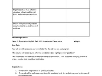 Australian Year 12 Foundation English assessment - resume and cover letter