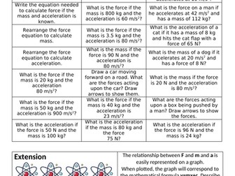 Newton's 2nd law calculations with Answers - Differentiated - Easily Self and Peer marked.