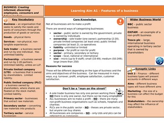 BTEC L3 Business Knowledge Organisers - Unit 1